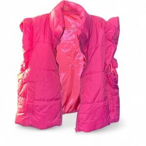 Hot Pink Fuchsia Zip Up Puffer Vest Flutter Sleeves Pockets Kawaii Outdoor XXL